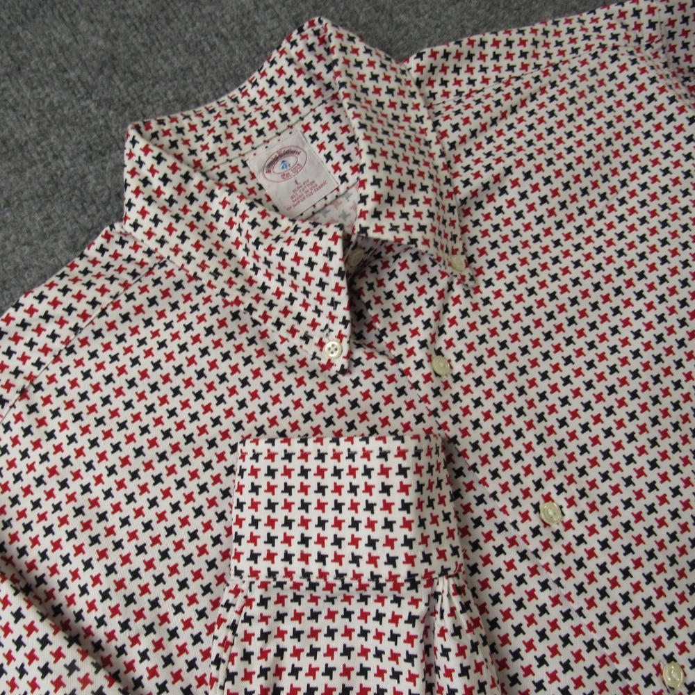 Brooks Brothers Shirt Mens Large Big Red Black Houndstooth Made in USA‎ Slim Fit